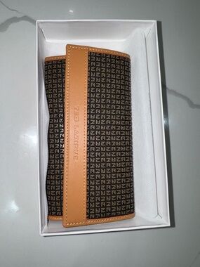 Ted Lapidus Women's Brown Patterned Clutch with Tan Trim